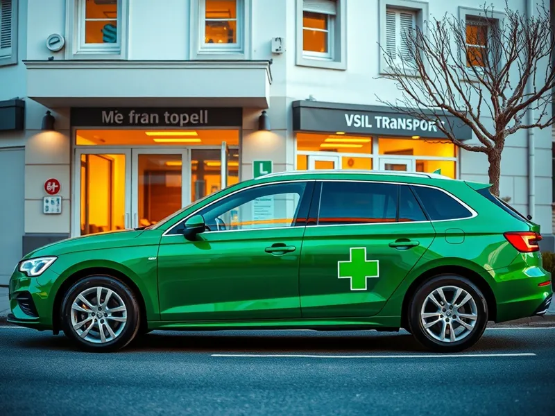 VSL transport médical — berline émeraude devant un hôpital